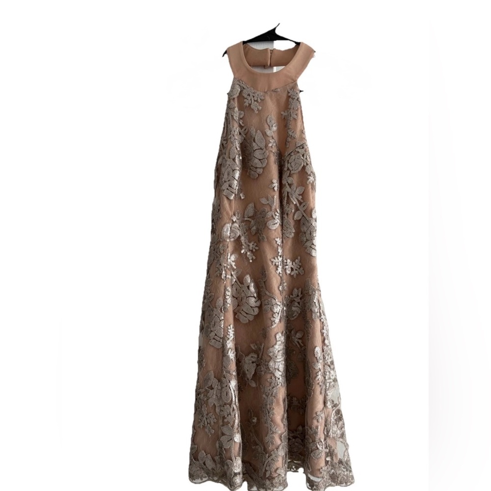 Dress The Population Abbie Halter Mini Dress Sequin Nude Beige Sz XS Open Back